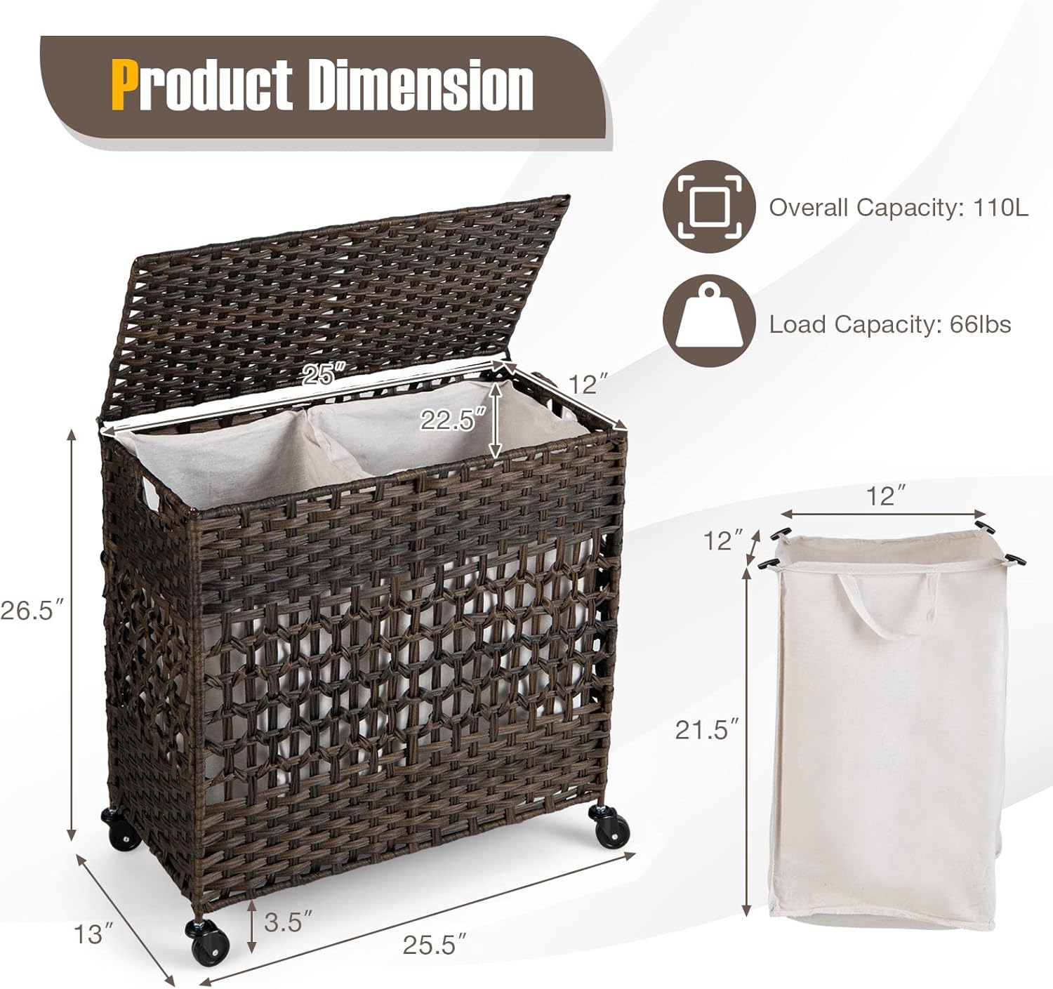Nightcore Laundry Hamper with Wheels, 125L Double Laundry Hamper w/Lid, 2 Removable Liner Bags, Handles & Pulling Strap, Wicker Laundry Basket, Synthetic Rattan Dirty Clothes Hamper