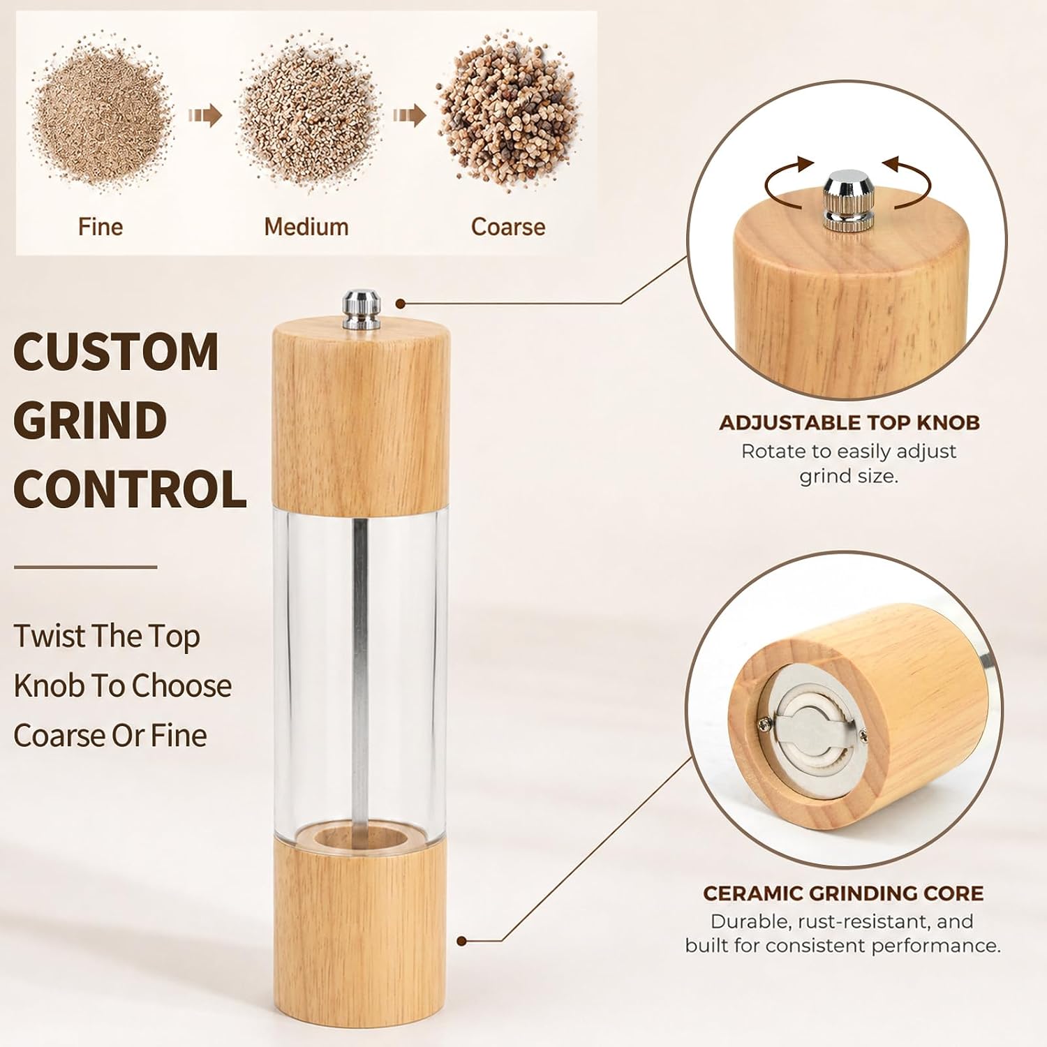 2 Pack Brown Wooden Salt and Pepper Grinder Set, 8 Inch Manual Acrylic Salt and Pepper Mills, Wooden Refillable Shakers with Adjustable Ceramic Core for Home, Dining & Gifts