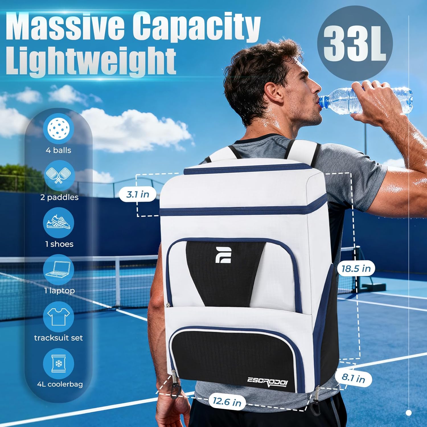 Pickleball Bag with Shoe Compartment & Cooler, Large Pickleball Sport Backpack with Wet Dry Pocket for Men&Women, Multi-Pocket Gym Bags for Sports&Work with Laptop Compartment, White - Image 2