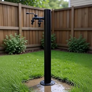Grifo Exterior Jardin con Soporte Manguera y Pistola Rociadora,Hidrante con Grifo de Doble Salida,grifo de acero inoxidable resistente a las heladas,dual faucet cuadrado, 60 cm