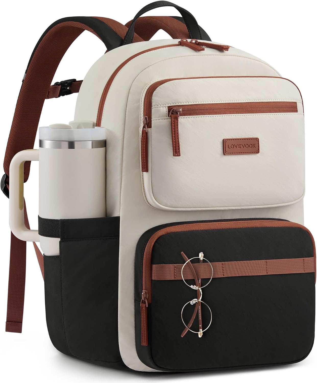 LOVEVOOK Laptop Backpack for Women, School Backpack for Teen Girls with Large Cup Holder, Lightweight Bookbag for College,Work,Travel fits 15.6 Inch Laptop,Beige-Black-Brown