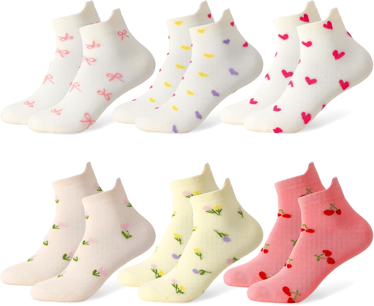 Women Cute Ankle Socks - 6 Pairs Casual Heart Bow Flowers Pattern Low Cut Socks for Women Girls Teens