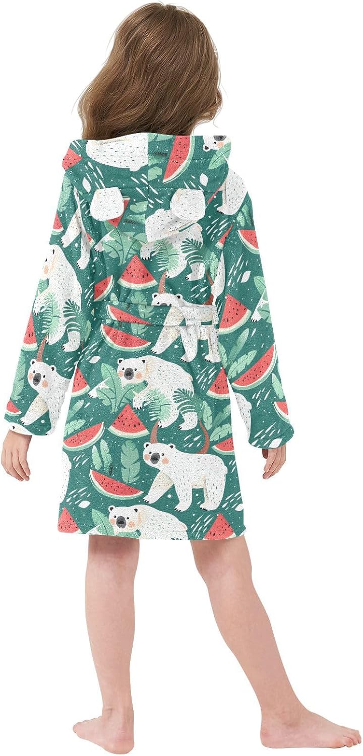 senya Polar Bear Eat Watermelon Toddler Hooded Bathrobe Kids Soft Plush Bath Towel Robes for Boys Girls 2-12 Years