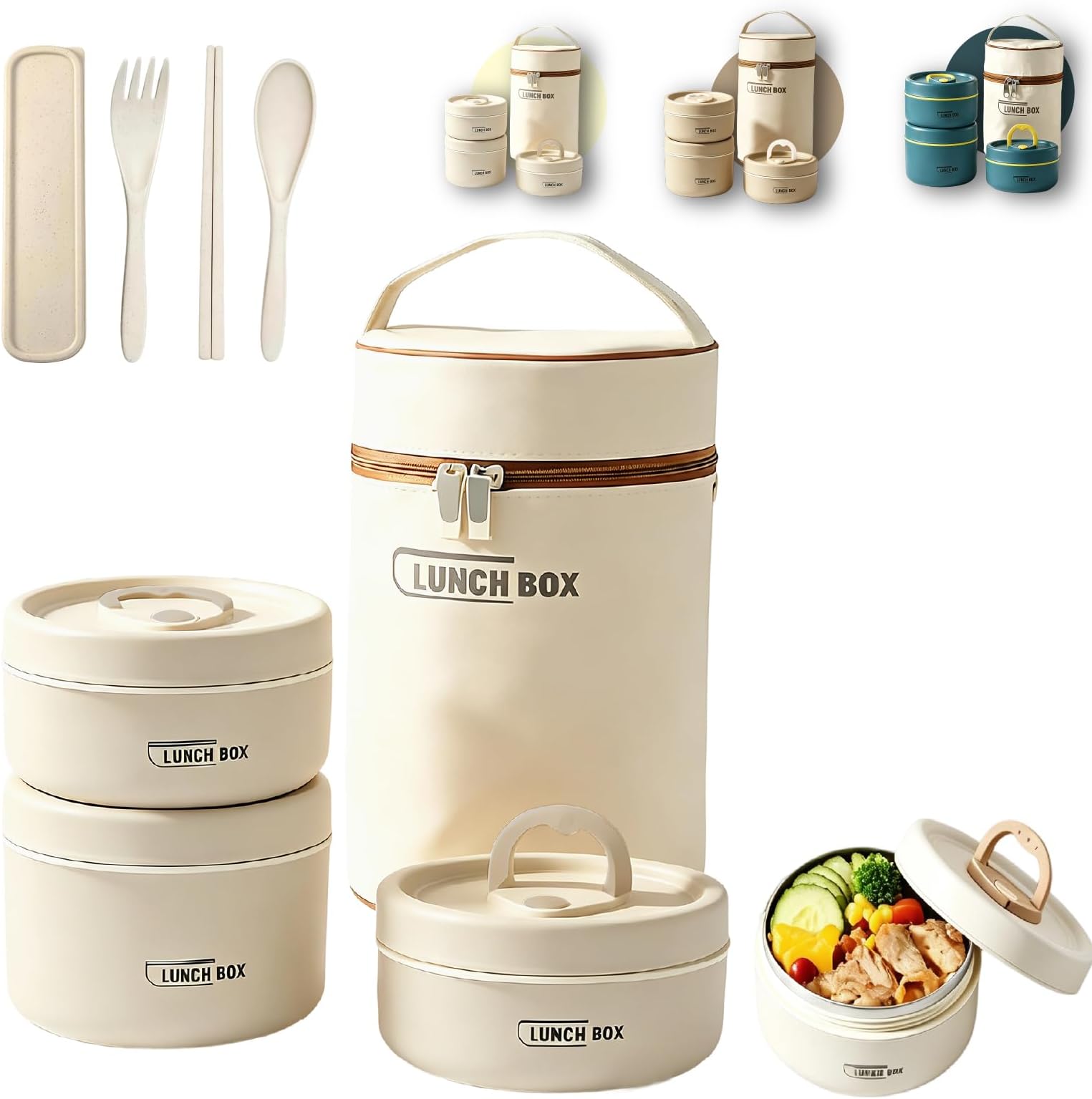 3 Tier Portable Insulated Lunch Container Set, Stackable Bento Box with Thermal Lunch Bag, Microwaveable Hot Food Container for Adults, Leakproof Thermal Food Container for Picnic, Work & Travel