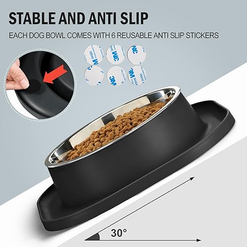 Miniatura 4 de Paquete de 2 tazones grandes de acero inoxidable para perros, cuencos metálicos para mascotas con alfombrilla antideslizante antiderrames, 7 tazas