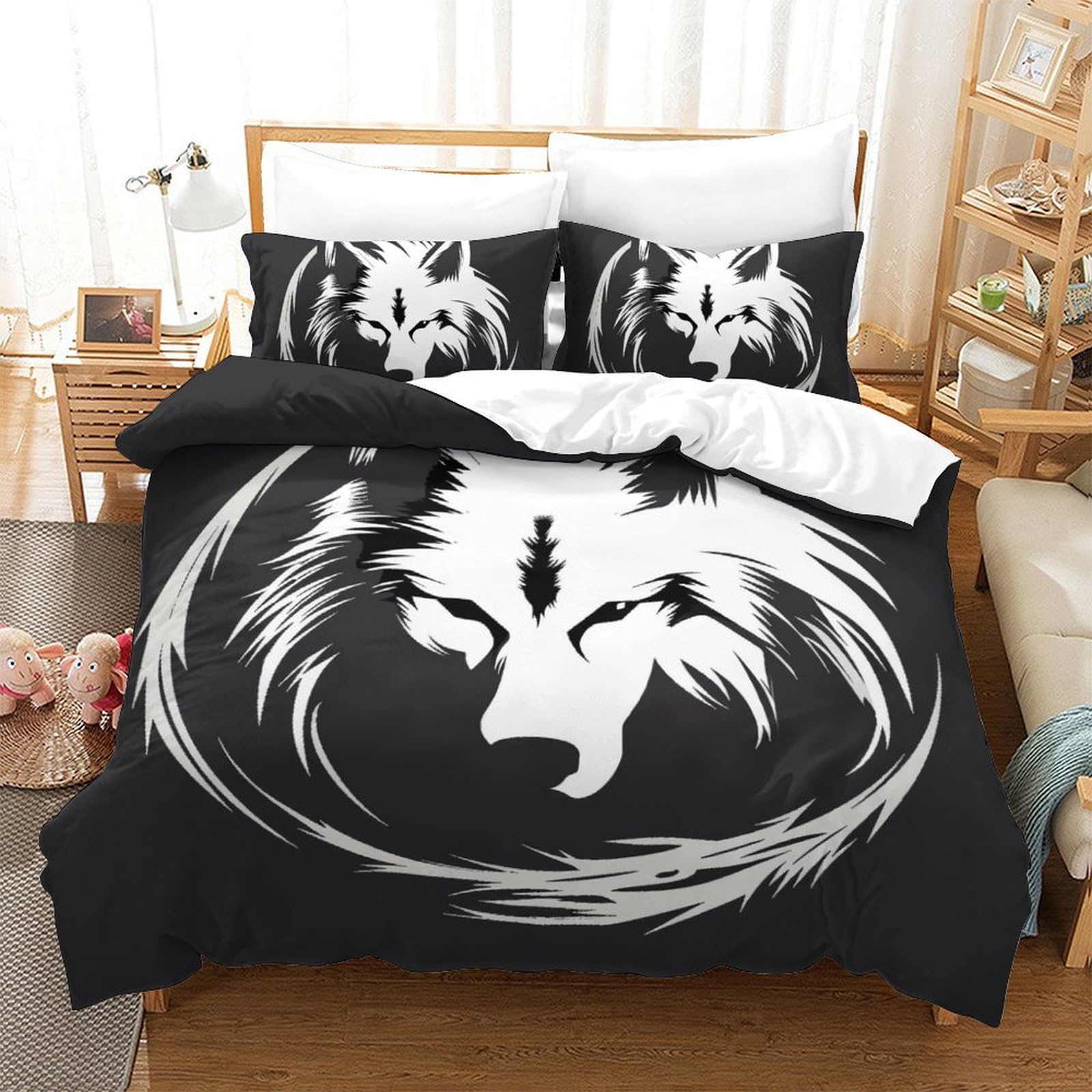 Housse de couette loup 3D parure de lit 200x200 avec 2 taies d'oreiller