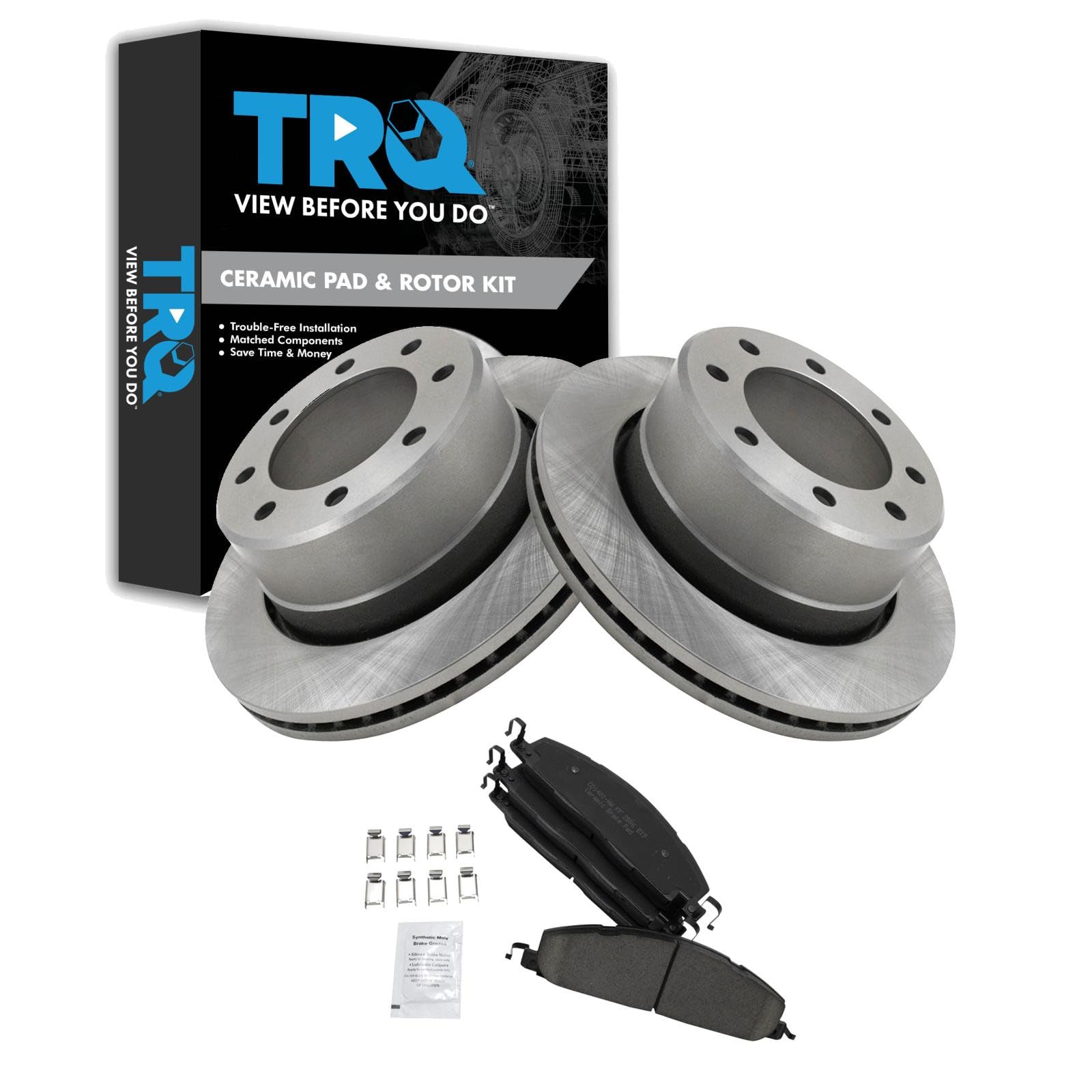 TRQ Rear Brake Pad &amp; Rotor Kit Ceramic Vented Compatible with 2009-2010 Dodge Ram 2500, 3500 2012 Ram 1500 2011-2018 2500 3500
