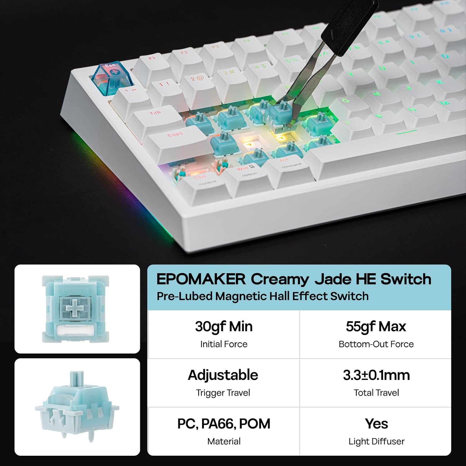 EPOMAKER G84 HE Wireless Hall Effect Keyboard, 8K Polling & 8000mAh, SOCD & DKS, Gaming Keyboard with Fast Trigger & Adjustable Actuation, RGB Backlit, PBT Keycap, Hot-Swap, for Win/Mac (White)