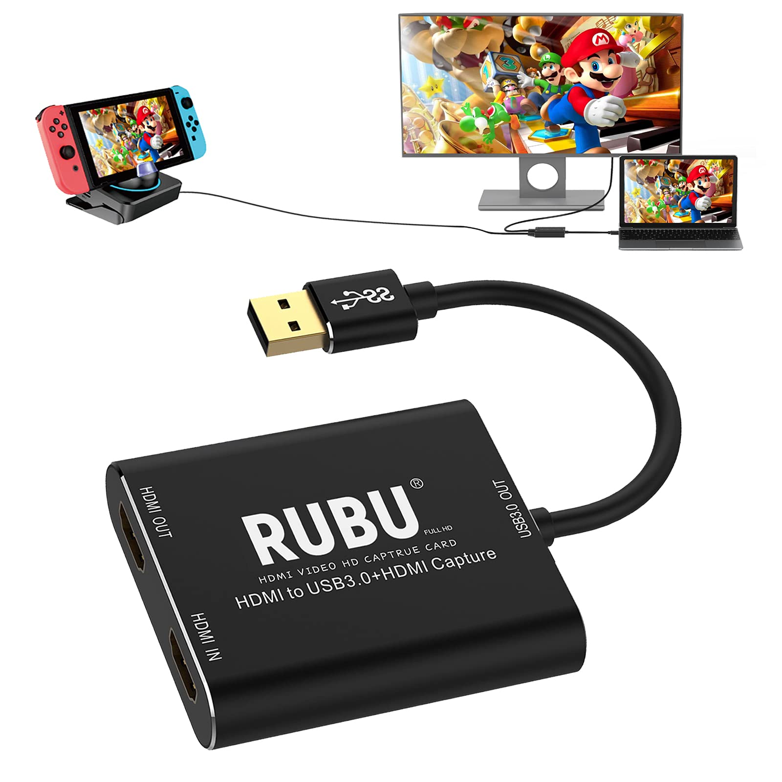 Capture Card 1080p60 Capture, RUBU HDMI to USB Pass-Through USB3.0 Recording Output, Capture Ultra-Low Latency, PS5 PS4 Xbox One Switch Wii DSLR… -