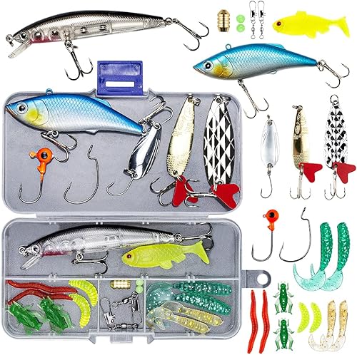 GOANDO Fishing Lures Kit for Freshwater Bait Tackle Kit for Bass Trout Salmon Fishing Accessories Tackle Box Including Spoon Lures Soft Plastic