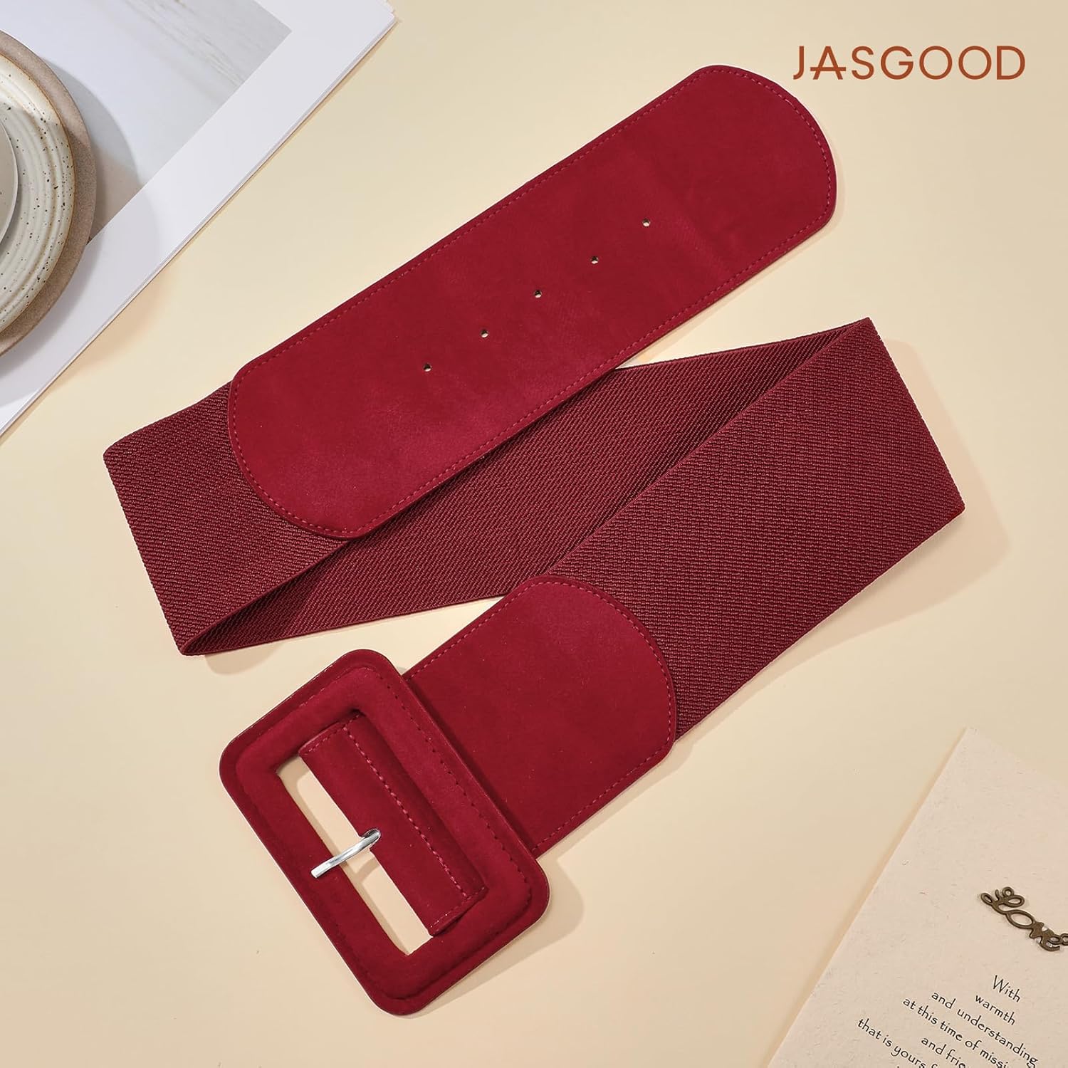 JASGOOD Women Wide Stretchy Belt for Dress Wide Suede Elastic Belt with Vintage Chunky Square Buckle - Image 5