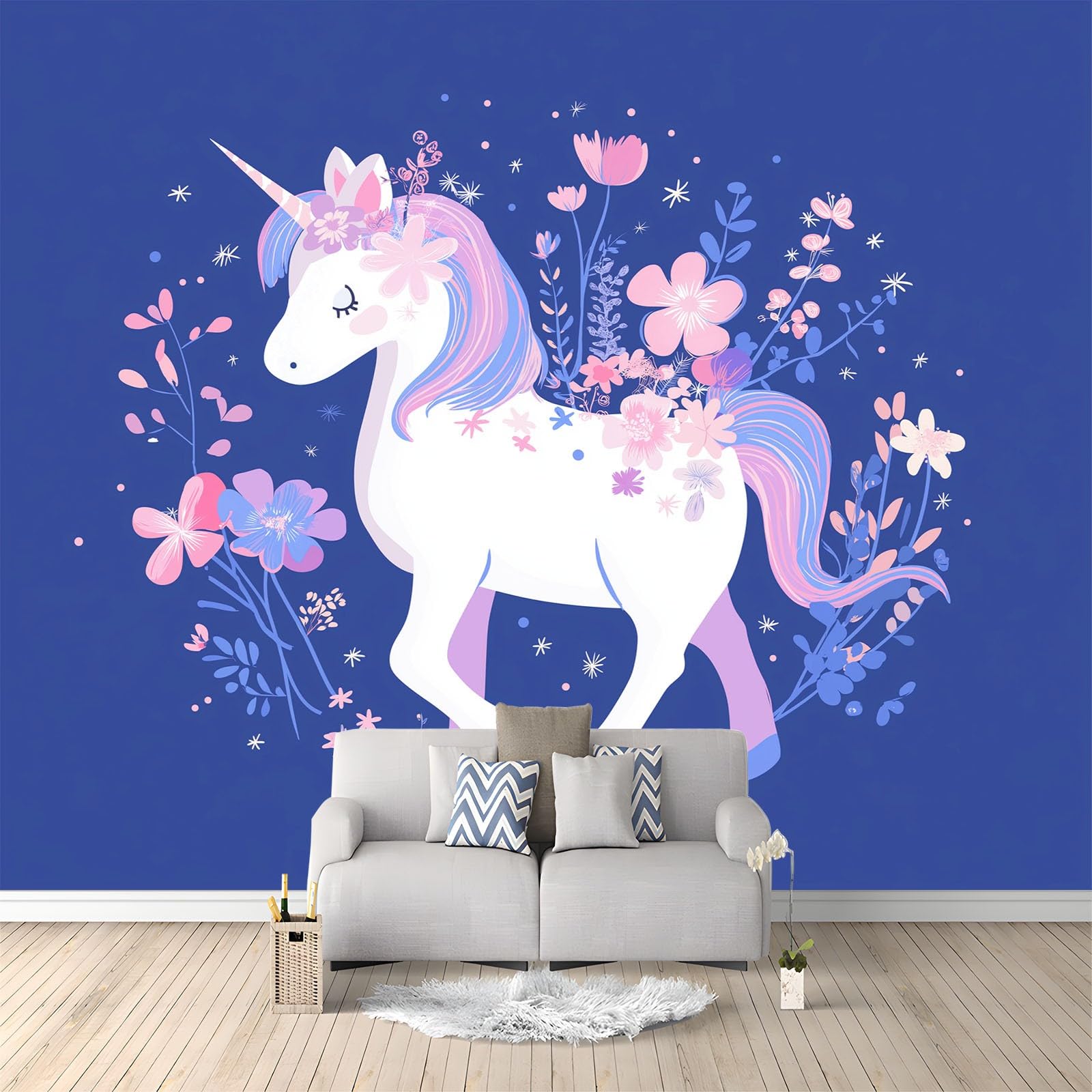 Fantasy zwierzęta, jednorożce, kwiaty, fototapeta dla chłopców i dziewczynek, 200 x 140 cm, fototapety, do pokoju dziecięcego, salonu, sypialni, tapeta na flizelinie, tapeta ścienna, efekt 3D