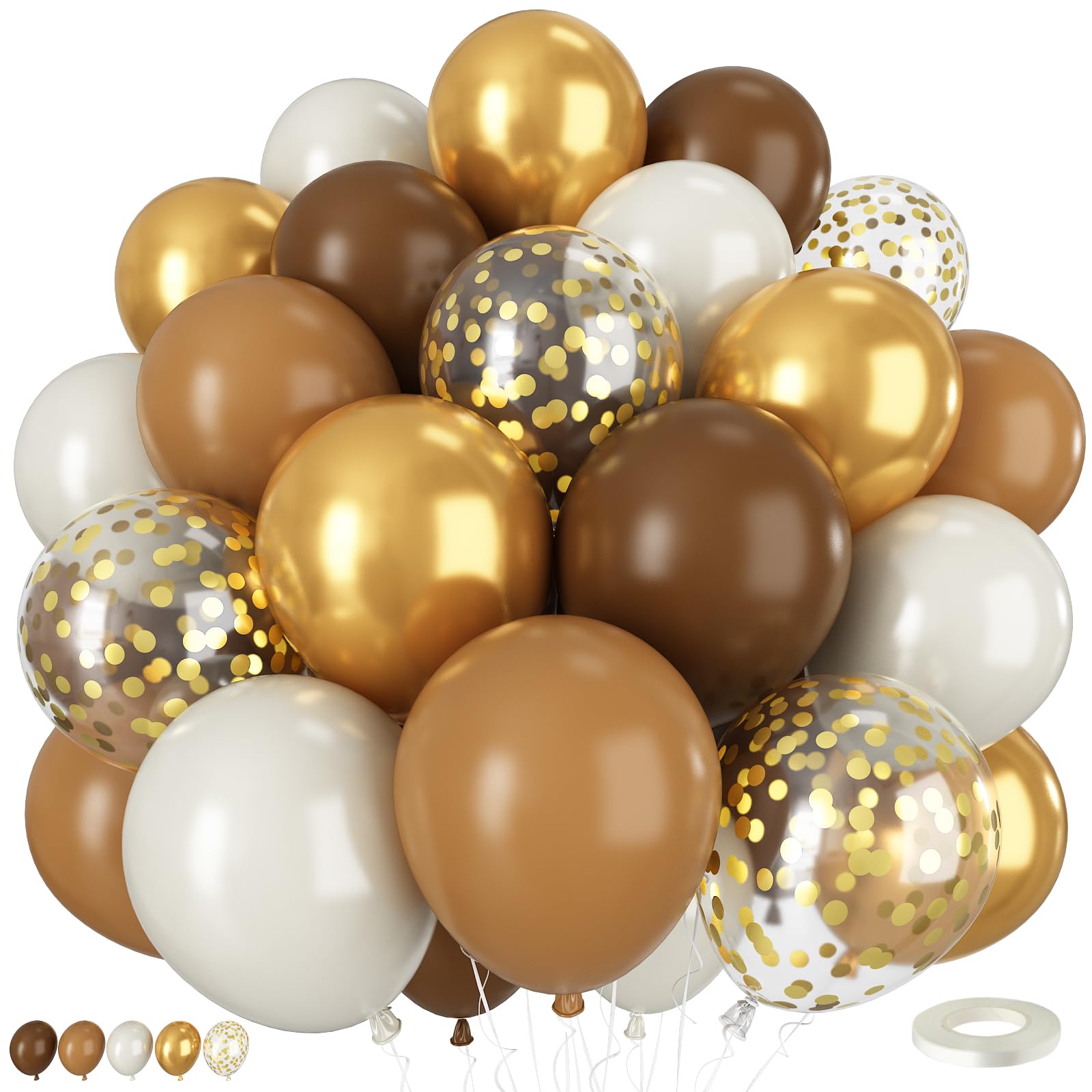 Brown and Gold Balloons, 50 PCS 12 Inch Boho Balloons with Retro Brown Cream Nued Gold Confetti Latex Balloon for Neutral Baby Shower Apricot Wedding