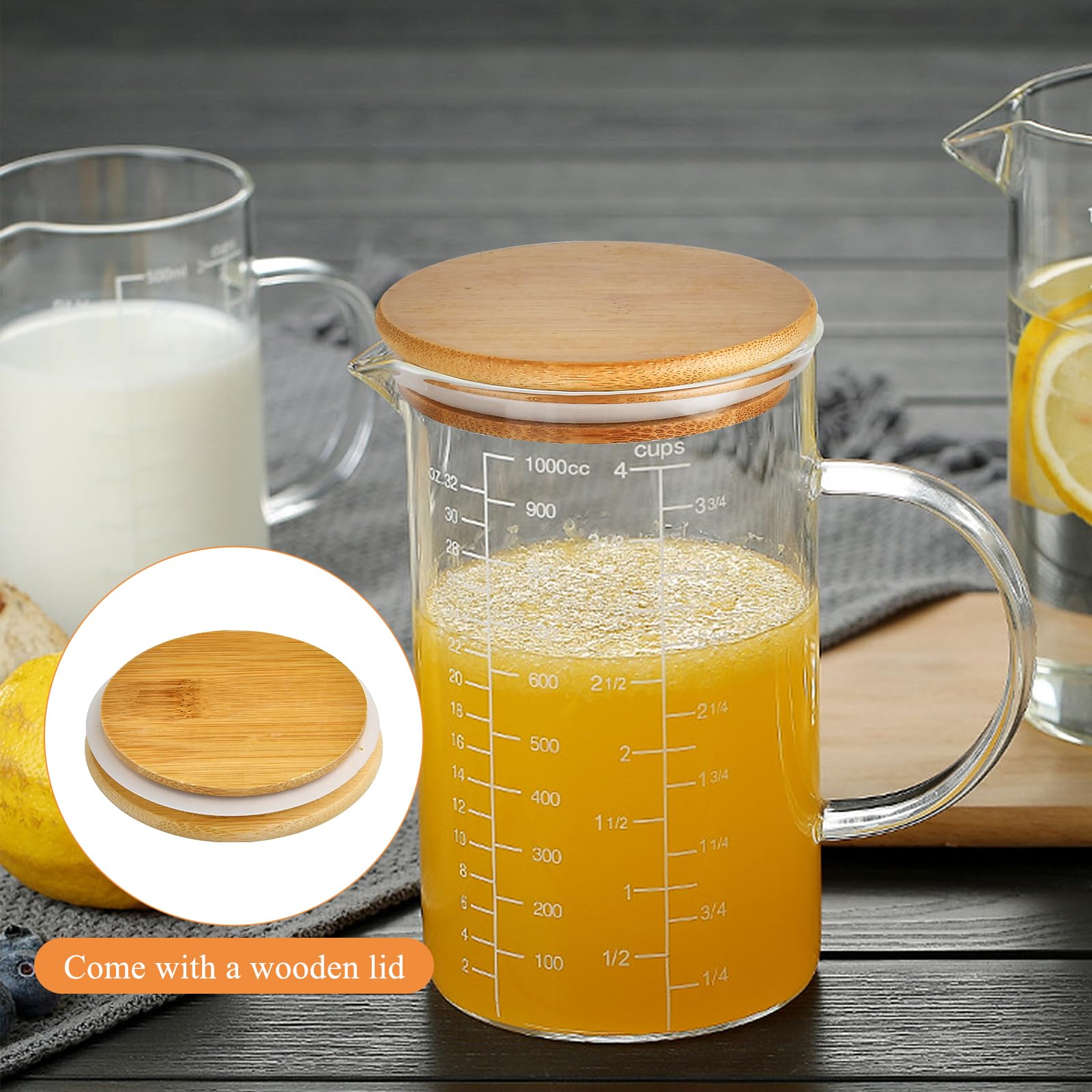 Taza medidora de vidrio, 1000 ml, 4 tazas, vaso medidor de vidrio de borosilicato alto con tapa de madera, mango aislado en forma de V, taza medidora para cocina, restaurante, fácil de leer