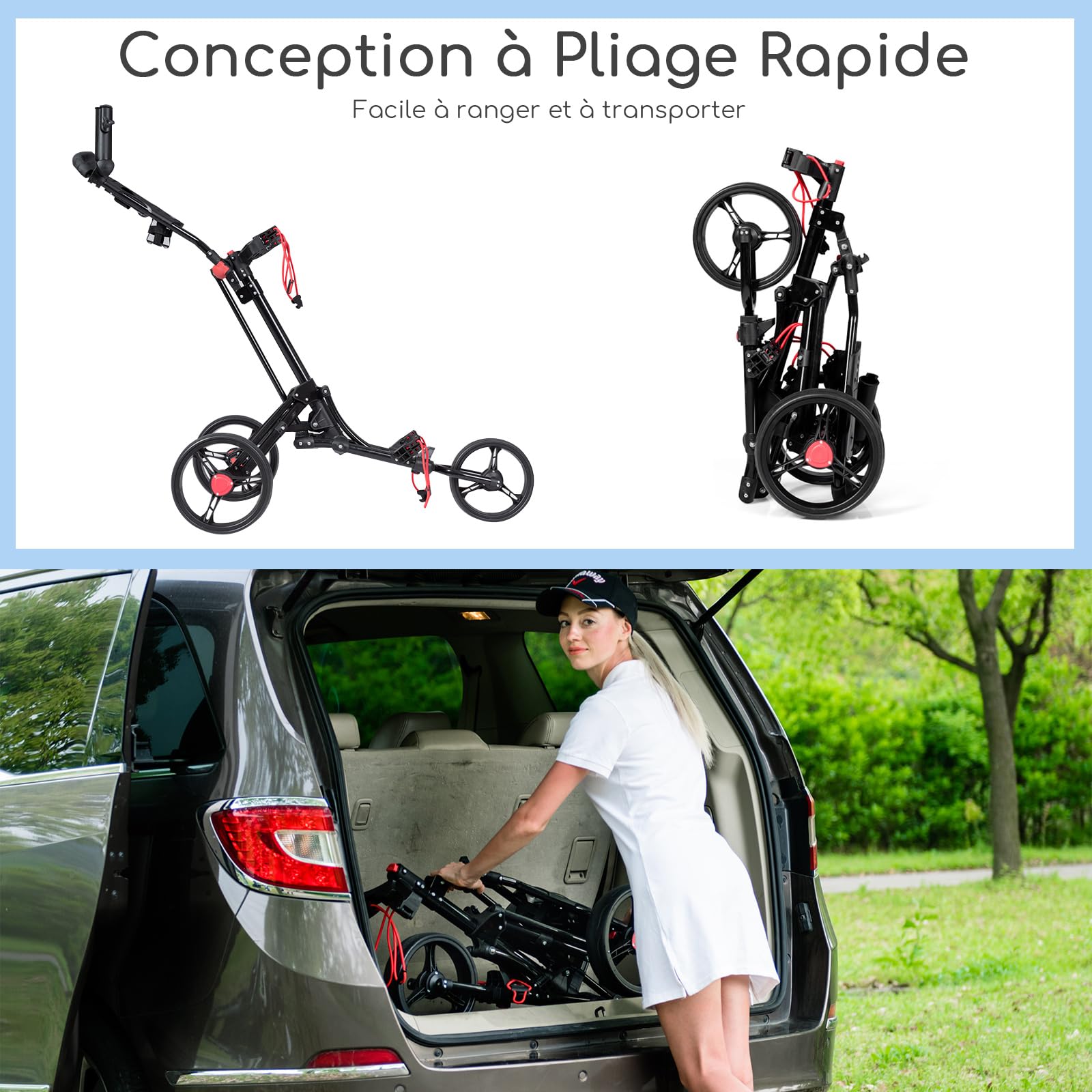 COSTWAY Chariot de Golf 3 Roues Pliable Noiravec Porte-Parapluie et Porte-Tee en Aluminium Frein au Pied et Poignée Rembourrée Ajustable