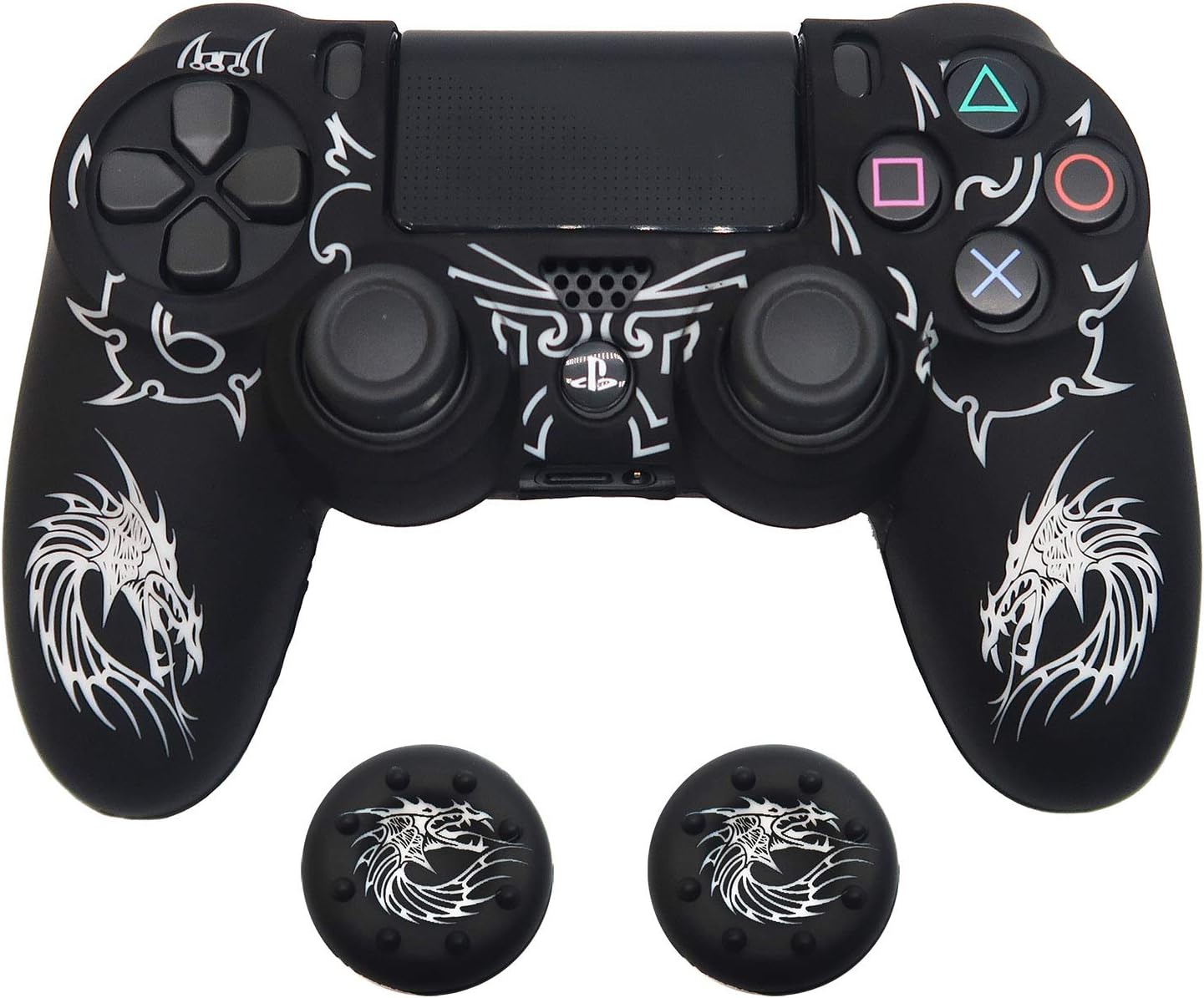 Controller Skin for PS4, BRHE Anti-Slip Grip Silicone Cover Protector Case Compatible with PS4 Slim/PS4 Pro Wireless/Wired Gamepad Controller with 2 Dragon Carving Thumb Grip Caps