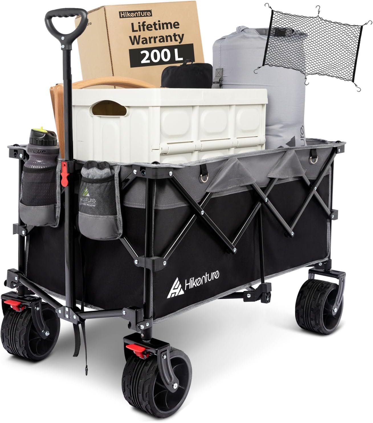 Hikenture Camping Trolley with Cargo Net, Big Wheels Beach Trolley Cart for Sand, 220lbs Capacity Folding Wagon, Heavy Duty Festival Trolley with Brakes, Collapsible Wagon for Picnic Garden Beach