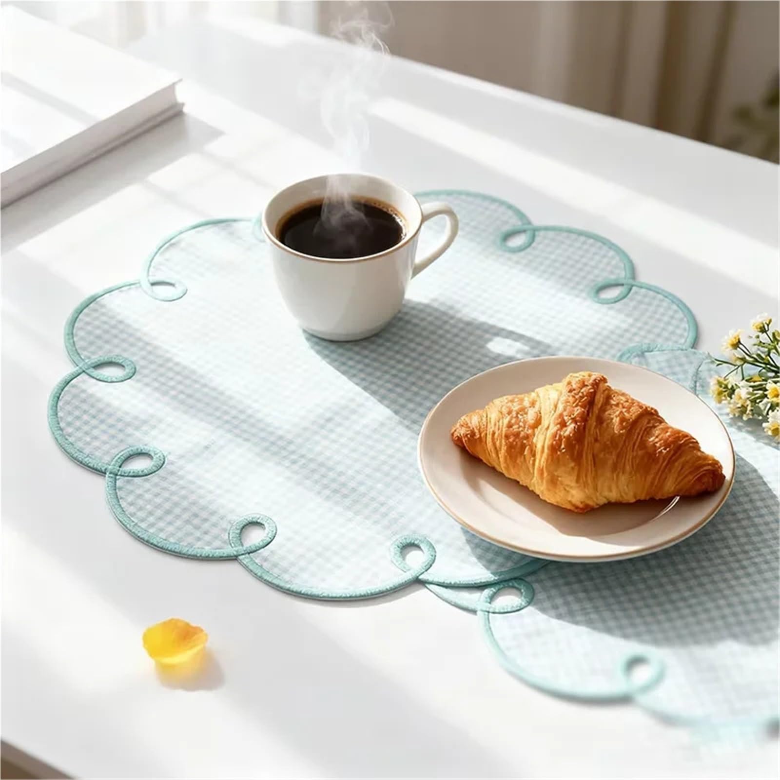 Hellblau Kariertes, Besticktes Rand-Romantisches Retro-Tischset aus weicher Serviette for die Außendekoration, Party-Tischservietten(Light a 6pcs)