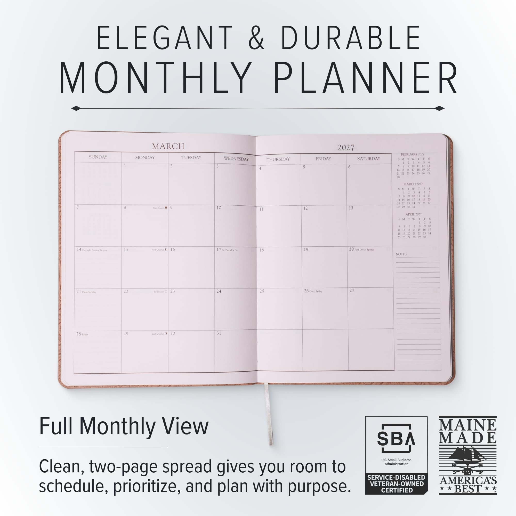 Gallery Leather Agenda mensual grande 2027 Acadia Plum | Elegante agenda y cuaderno con elegantes bordes dorados de página, 18 meses, 24,77 x 19 cm