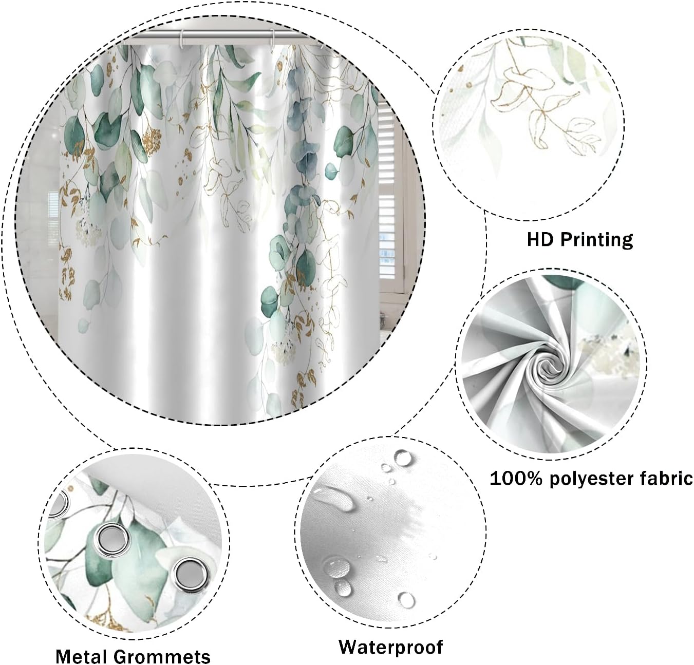 Eucalyptus Leaves Shower Curtains 72x72 Inch Green and Gold Watercolor Leaf for Bathroom Decor Fabric Waterproof Polyester Bath Curtain Accessories Set with Hooks