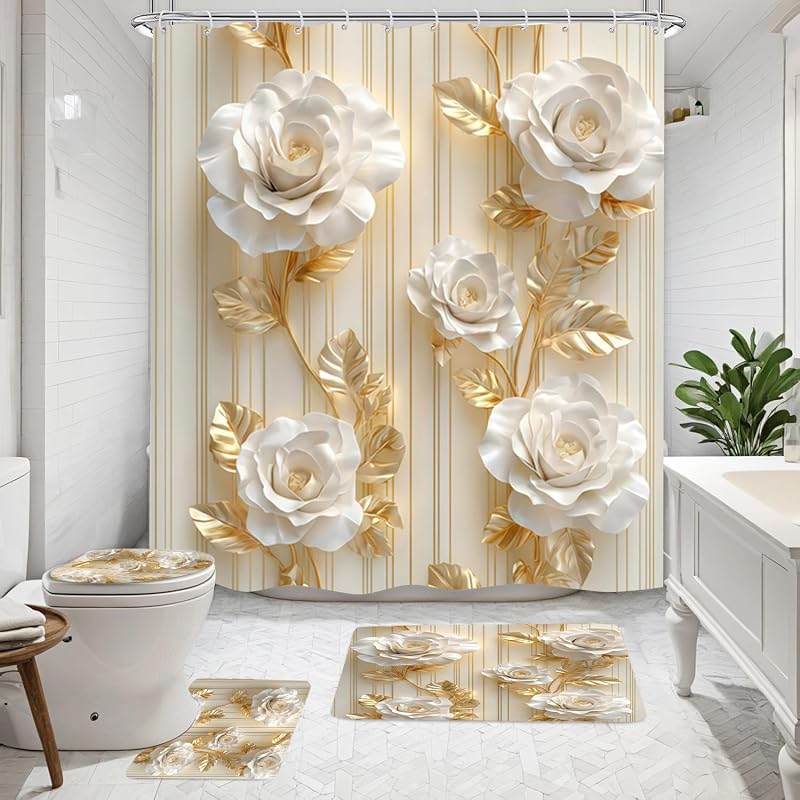 NBVKO 4Pcs Luxury White Rose Shower Curtain Set with 12 Hooks Non-Slip Rugs,Toilet Lid Cover and Bath Mat,Gold Bathroom Decor for Hotel & Home Bathroom