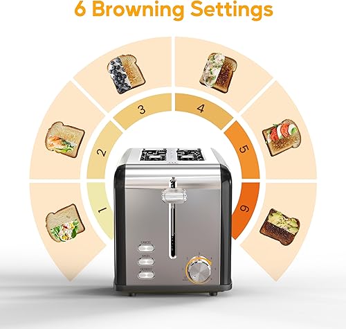 Miniatura 5 de HealSmart Tostadora de acero inoxidable de 2 rebanadas, 6 ajustes de tostado y tostadora de 3 funciones, ranura extra ancha y bandeja extraíble para