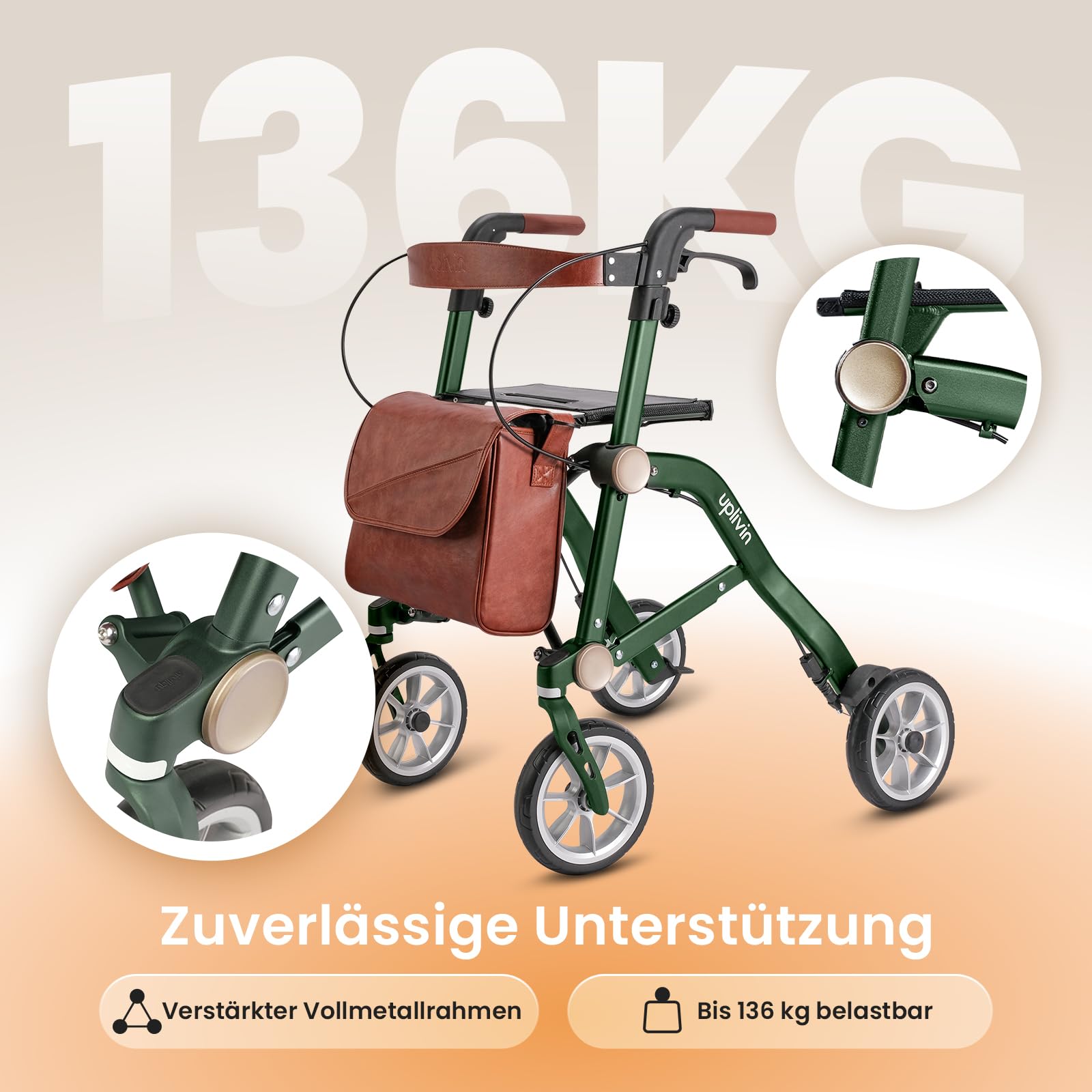 Rollator Faltbar und Leicht mit Sit,1-Schritt Klapp ohne Bücken,Höhenverstellbar, Leicht & Rollator schmal für Wohnung und Outdoor,Gehwagen mit Bremse, All-Terrain Räder