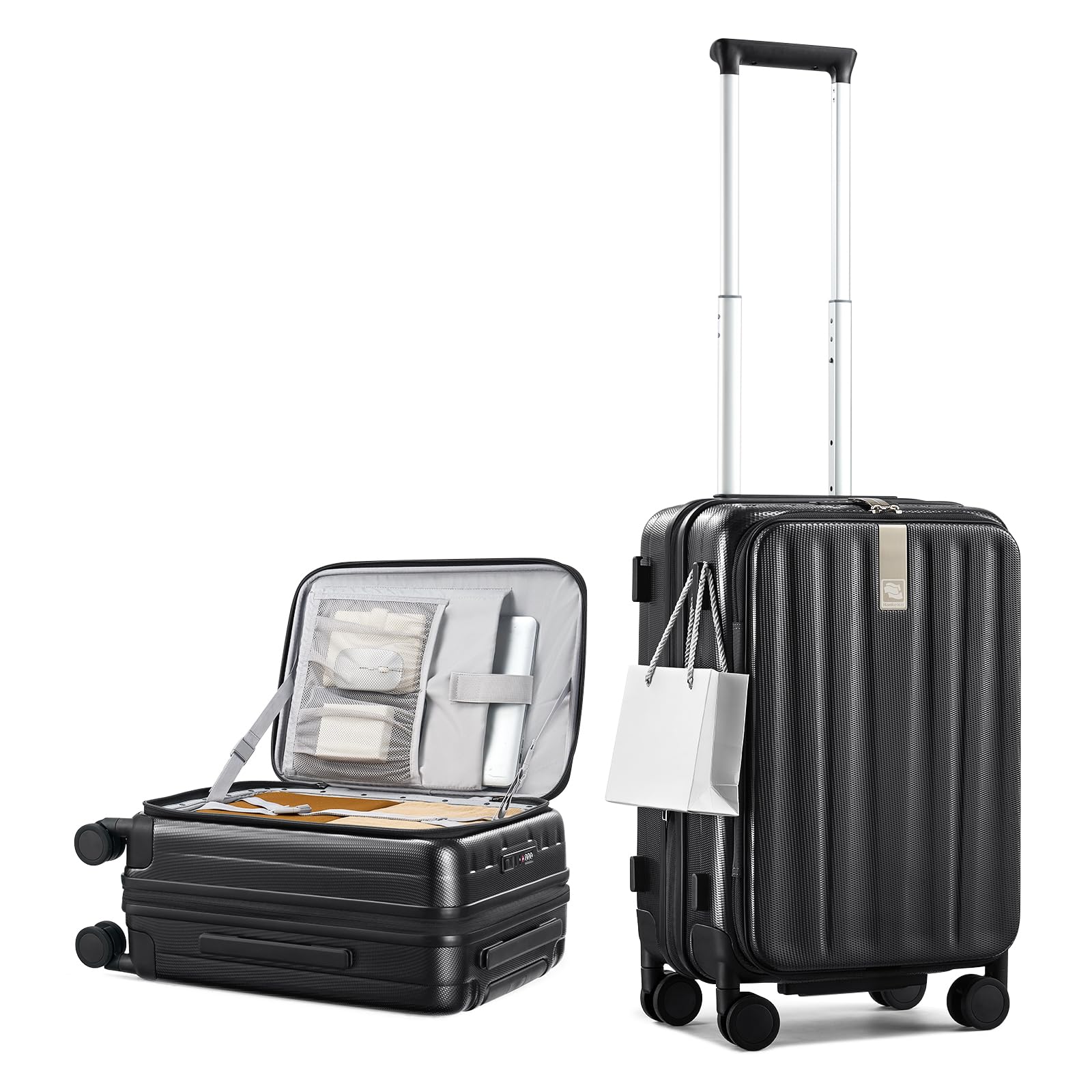 Hanke 20 Inch Expandable Carry On Luggage Airline Approved Top Opening Hard Shell Suitcases with Wheels Lightweight Travel Luggage Carry On Suitcase for Woman Men-Jet Black