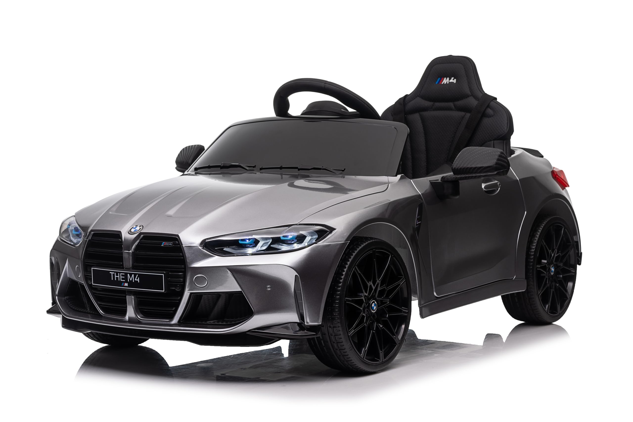 FINOOS Macchina Elettrica per Bambini B.M.W M4 12v Full Optional con Sedile in Pelle - Auto Elettrica per Bambini con Telecomando (Grigio)