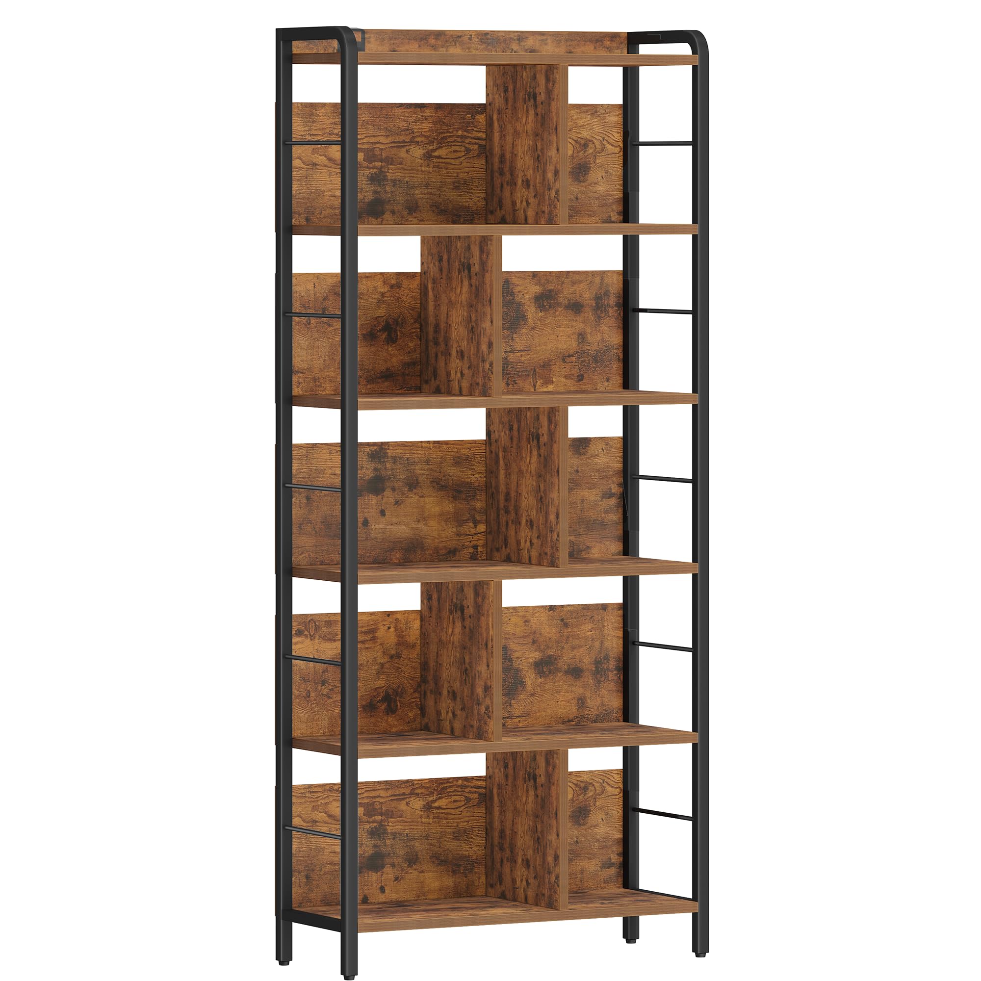 HEXCELEN Bibliothèque avec 6 Niveaux 30 x 80 x 186 cm Brun Rustique et Noir | Bibliotheque Industrielle, Étagère de Rangement, Étagère Ouverte, pour Bureau, Salon Industriel