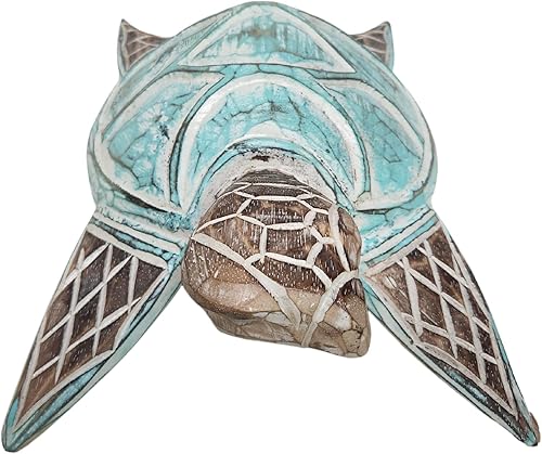 Miniatura 3 de WorldBazzar Hermosa tortuga costera enorme tallada a mano en madera maciza océano playa pescado coral estatua verde azulado
