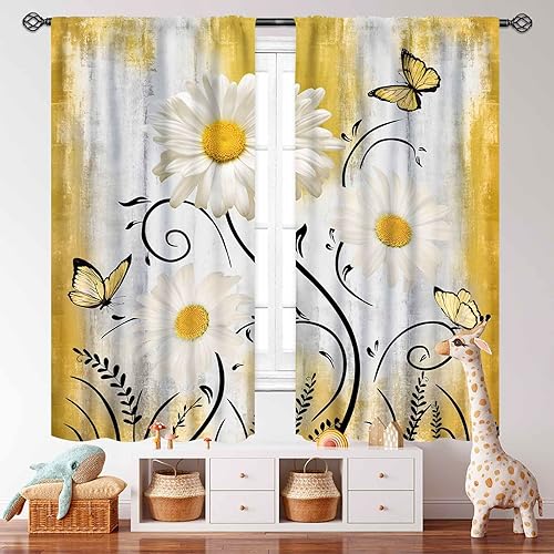 Miniatura 5 de Cortinas rústicas de cocina con margaritas, flores amarillas, margaritas, madera, naturaleza, granja, retro, sala de estar, dormitorio, cortinas de