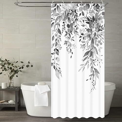 Miniatura 3 de Juego de cortinas de ducha de eucalipto gris y blanco, cortinas de ducha de hojas de plantas florales grises para baño, flores botánicas, decoración
