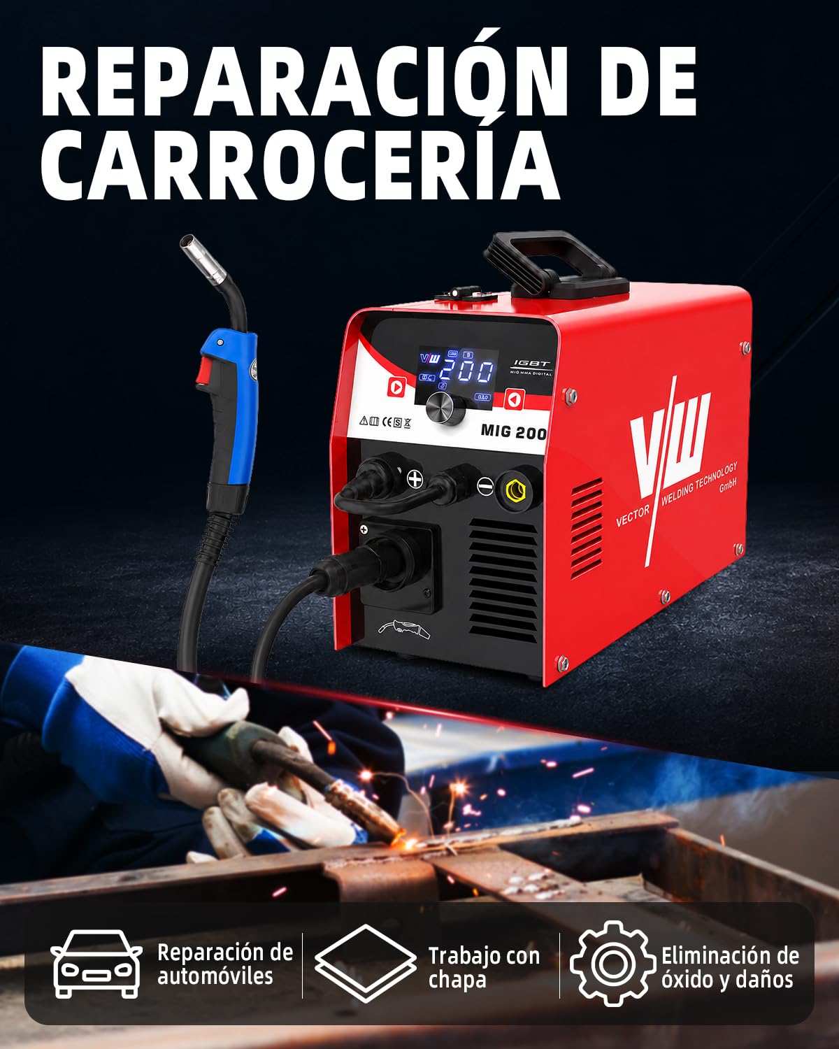 VECTOR WELDING Soldador MIG MAG 200A, Soldador de Hilo Inverter 4 en 1 | Gas MIG/Flux/MMA/Lift-TIG, Máquina de Soldar con Pantalla LED, MCU, IGBT, para Soldar con y sin Gas