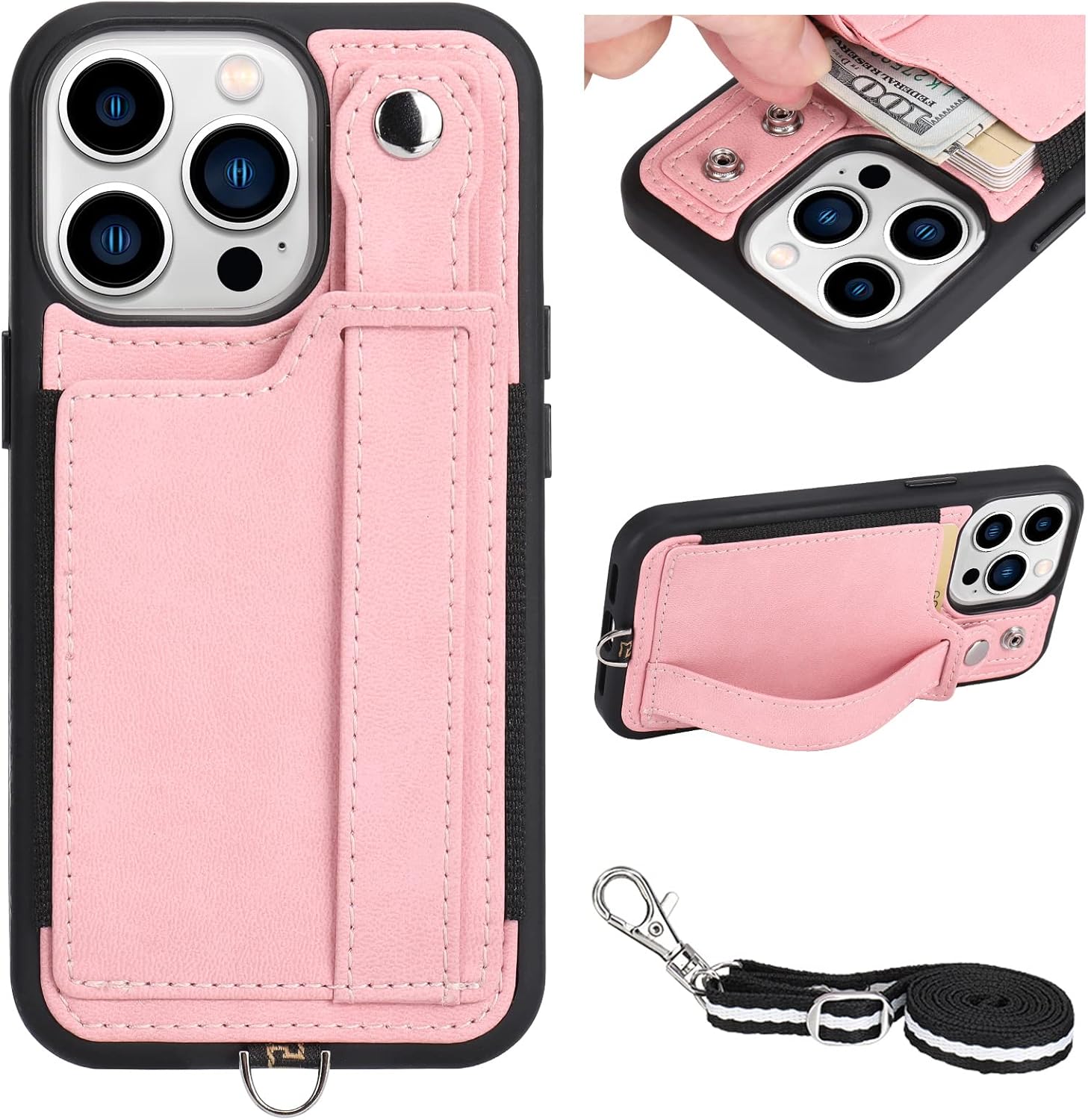 TOOVREN Wallet Case for iPhone 13 Pro Wallet Case with Card Holder Kickstand Detachable Strap, Phone Protective Back Cover for iPhone 13 Pro 6.1" Girl (Pink) - Image 2