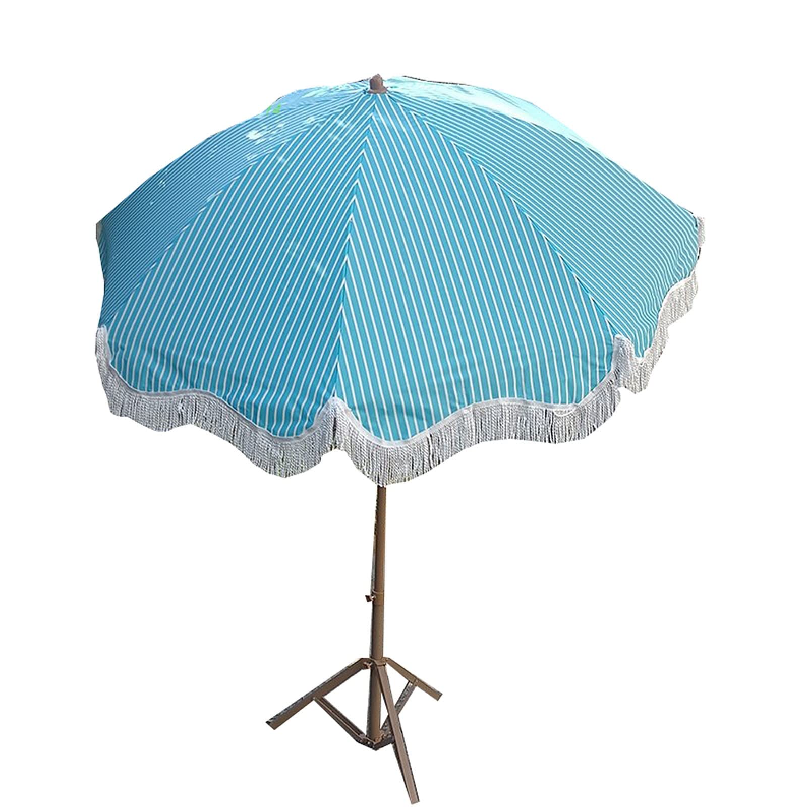 Zewnętrzny parasol plażowy chroniący przed promieniowaniem UV, duży, 2 m, niebieskie paski, regulowany kąt 8 ząbków, lekka koronka z frędzlami, z torbą do przenoszenia, klosz balkonowy