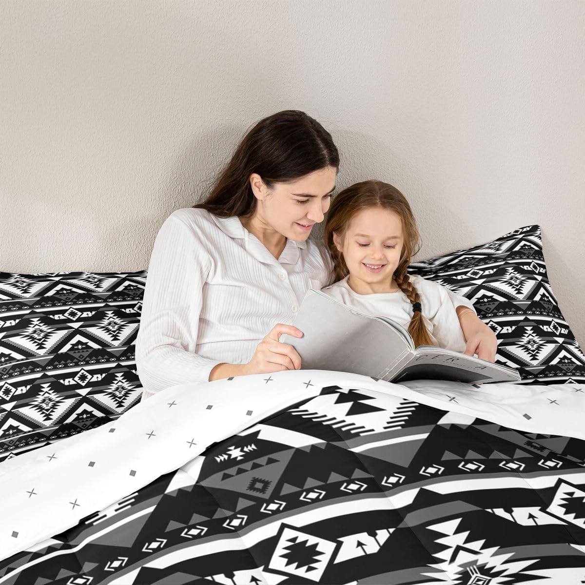 Feelyou Western Comforter Set All Season Southwestern Aztec Bedding Set with 2 Pillow Cases Geometric VintageKids Queen Bedclothes Boho Tribal Bedroom Decor Black and White Duvet Quilt