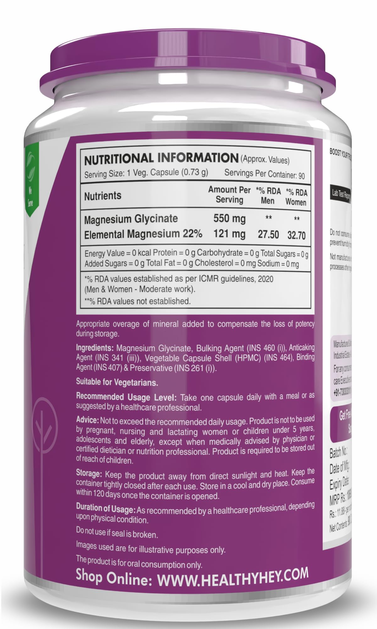HealthyHey Nutrition Magnesium Glycinate Supplement High Absorption for Sleep, Cramps, & Nerves Health - 90 Vegetable Capsules — Amazon image 8