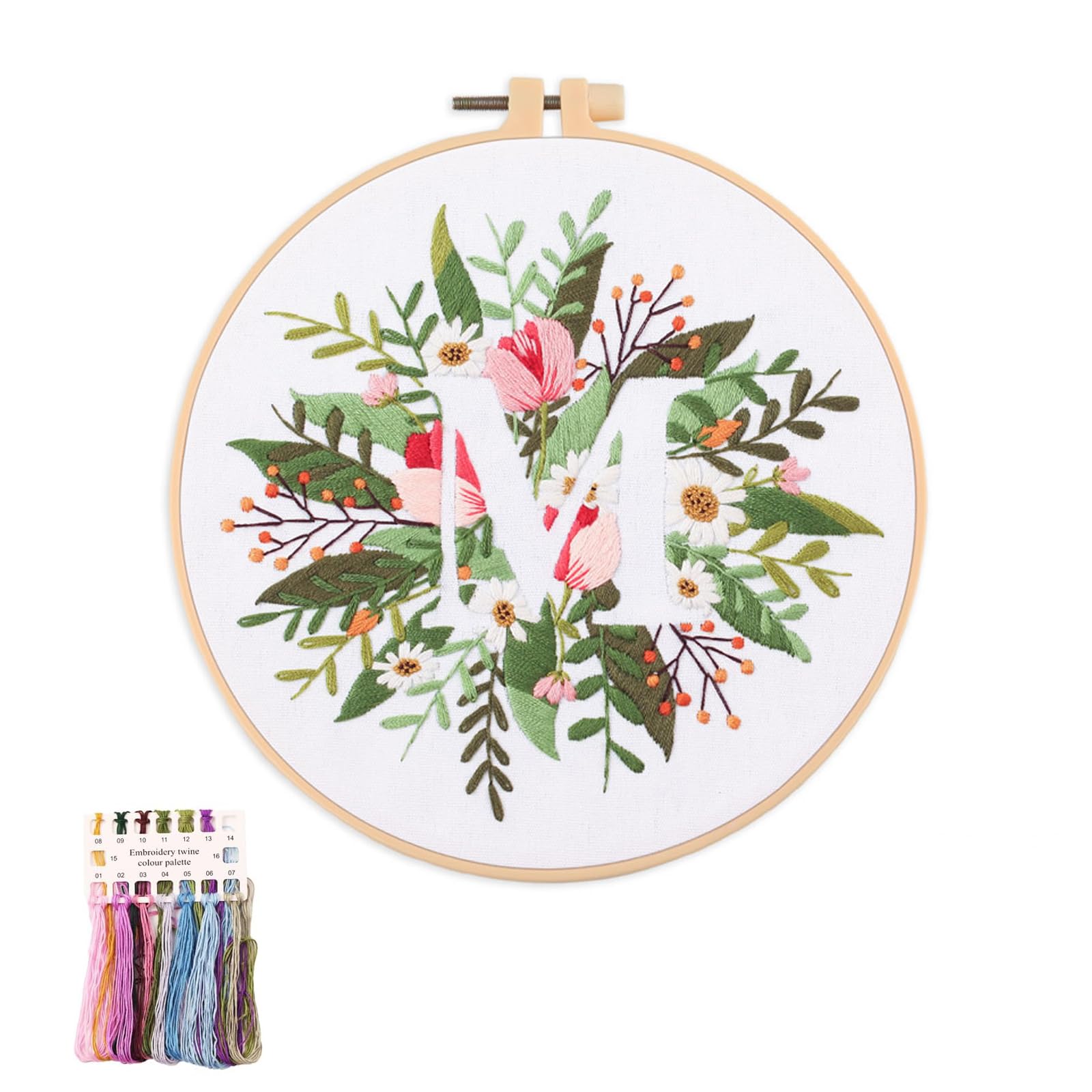artcici Embroidery Kits Plant Flower Leaf English Letter Patterns for Beginners Adults, Full Range Embroidery Starter Kits Cross Stitch Needlework Supplies (Letter M)