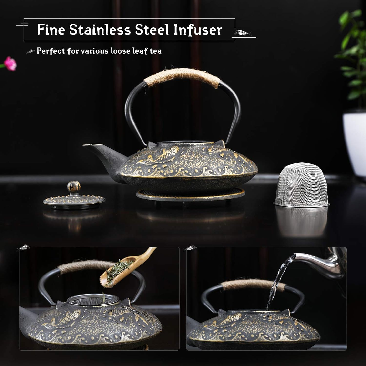 Glaceon Japanese Style Cast Iron Teapot with 4 Tea Cups Trivet Tetsubin Stovetop,Cast Iron Teapot Stove Kettle Safe Coated with Enamelled, Tea Kettle with Infuser Chinese Iron Tea Pot Tea Set (GL-03) 2