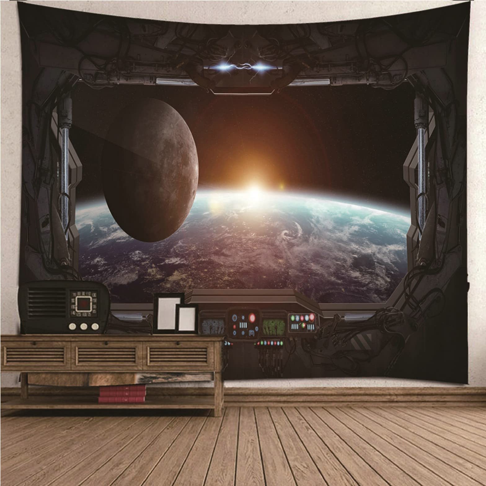 Ethereval Wall Cloth Tapestry Indie For Bedroom Space Ship Window Scenery Nature Simple Cool Tapestries Teens Grey Wall Hangings Fabric Decorations 260x240cm