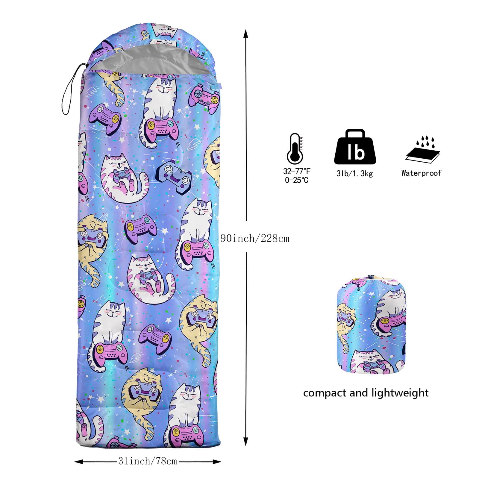 HOSIMA Sleeping Bags for Boys Girls Kids,Gamepad Cat Printeded Lightweight Warm Portable Outdoor Indoor Waterproof Cold-Resistant Sleeping Bag for Camping Hiking (Cat) - Image 3