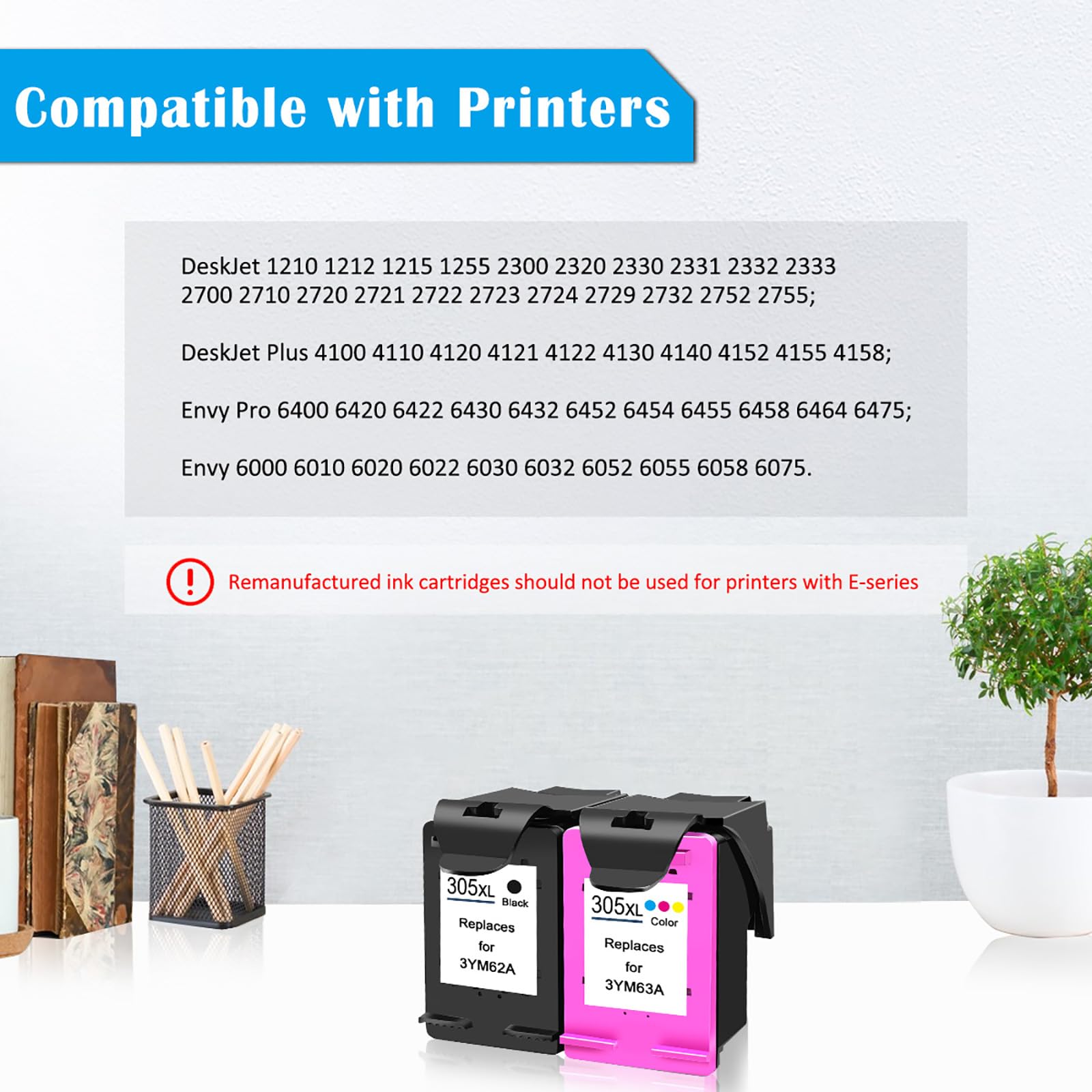 Pack De Cartouches 305 XL Compatibles HP - Noir + Couleur Grande Capacité - Pour DeskJet 2700/4100 Et Envy 6000/6420