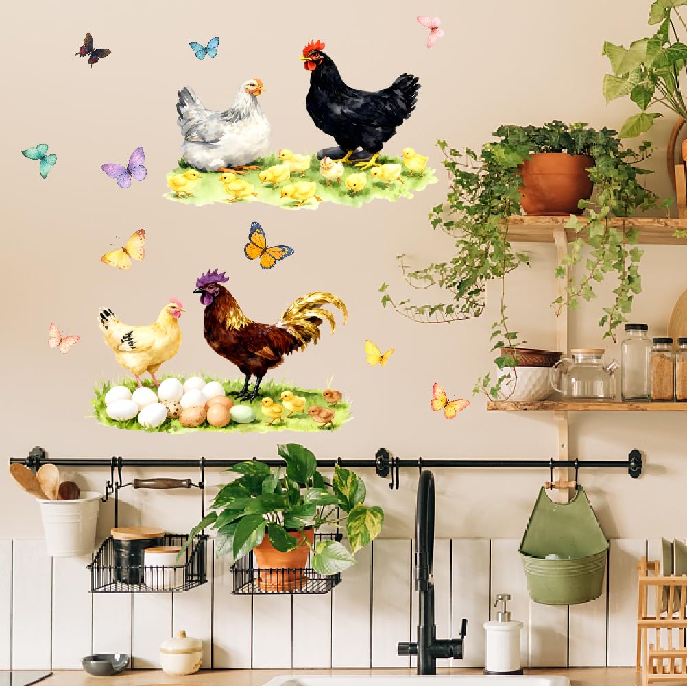 SUPERDANT Chicken and Egg on The Lawn Wall Stickers Chick and Butterfly Wall Decals Walls Art Stickers DIY Vinyl Decor Natural Decals Art Decor for Farm Kindergarten Pet Store 96x30cm