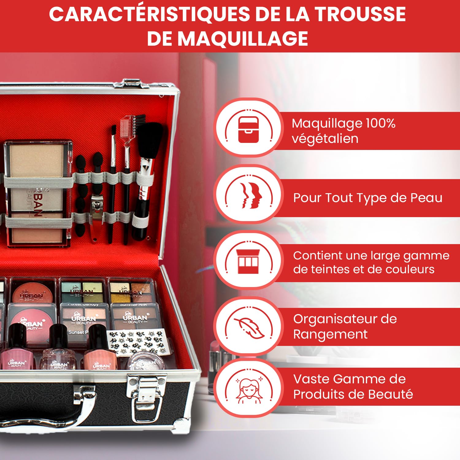 Love Urban Beauty Végétalien Divine French Manicure Coffret Maquillage - Ombres à paupières, Illuminateur, Rouge à lèvres, Blush, Pinceaux, Accessoires Manucure - Trousse de Toilette pour Maison