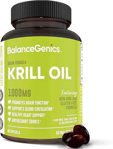 Aceite de krill (1000 mg) Omega-3 EPA, DHA, contiene antioxidante astaxantina natural, promueve una función cerebral óptima, 60 cápsulas blandas