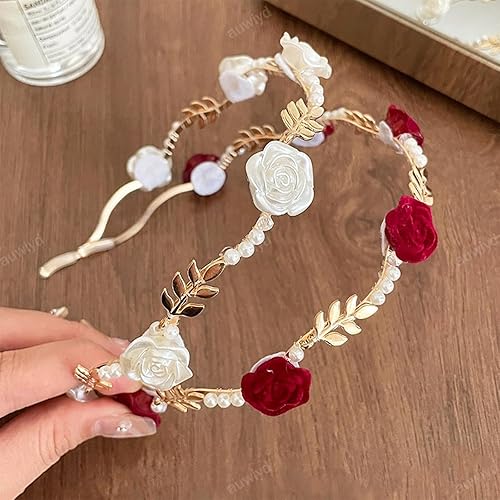 Miniatura 3 de auwiyd 2 diademas de oro con diseño de vid rosa, con flores de metal y perlas rojas, blancas y rosas, accesorios lujosos para el cabello, para