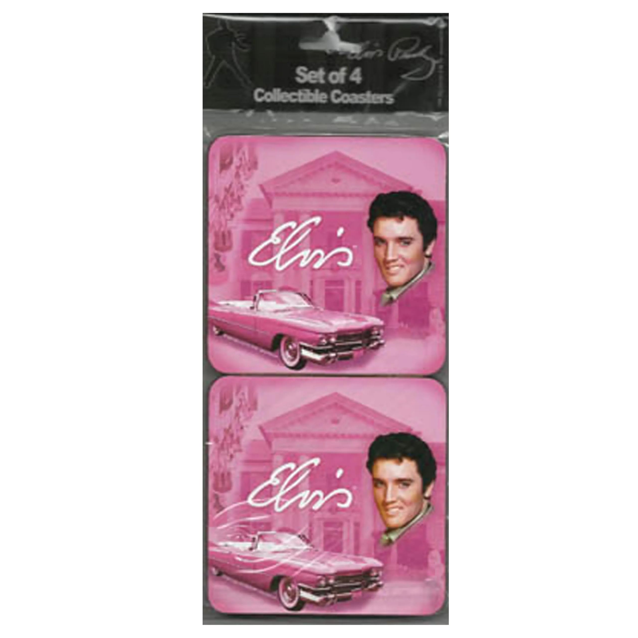 (Set/4) Elvis Presley In Graceland With Pink Cadillac & Guitars Coaster Set