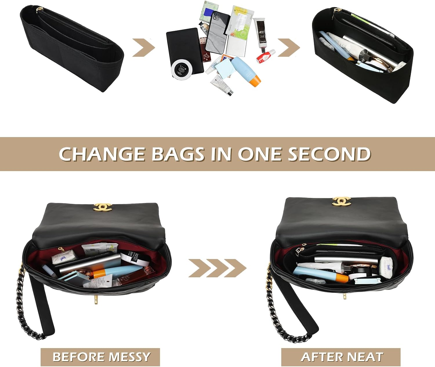Surblue Purse Organizer Insert for Handbags, Felt Bag Organizer with Zippers Handbag Shaper Pouch for Classic 19 Flap Bag, Marmont, Onthego,（Black, Slender S）