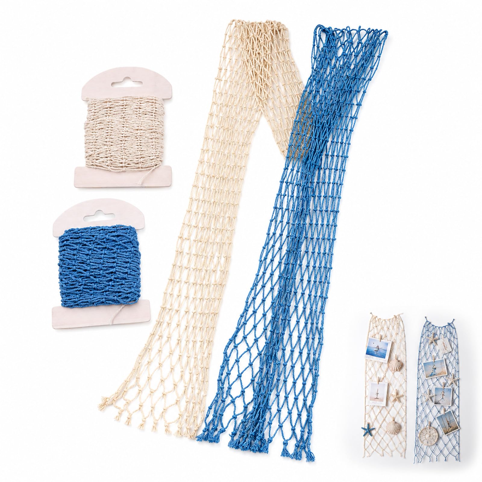 Solvind 2 Pack Fishing Net Wall Decorations, 100x13cm Nautical Fish Net Decor, Blue & Beige Decorative Fishing Nets for Beach Party Wedding Photography Home Wall Decor